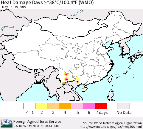 China, Mongolia and Taiwan Heat Damage Days >=38°C/100°F (WMO) Thematic Map For 5/13/2019 - 5/19/2019