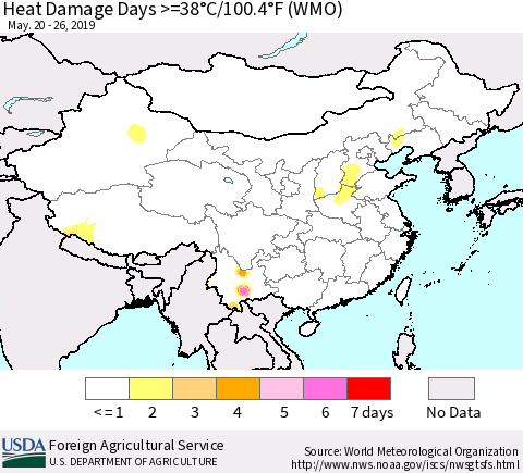 China and Taiwan Heat Damage Days >=38°C/100°F (WMO) Thematic Map For 5/20/2019 - 5/26/2019