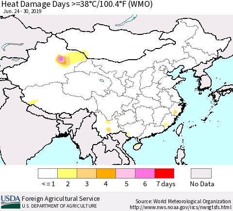 China and Taiwan Heat Damage Days >=38°C/100.4°F (WMO) Thematic Map For 6/24/2019 - 6/30/2019