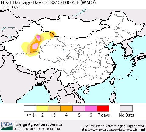 China and Taiwan Heat Damage Days >=38°C/100.4°F (WMO) Thematic Map For 7/8/2019 - 7/14/2019