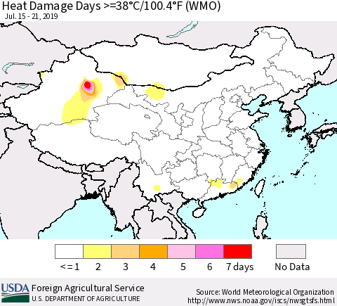 China and Taiwan Heat Damage Days >=38°C/100°F (WMO) Thematic Map For 7/15/2019 - 7/21/2019