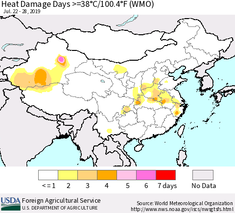 China, Mongolia and Taiwan Heat Damage Days >=38°C/100°F (WMO) Thematic Map For 7/22/2019 - 7/28/2019