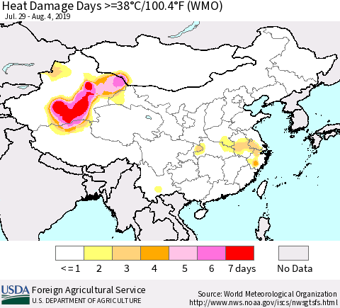 China and Taiwan Heat Damage Days >=38°C/100.4°F (WMO) Thematic Map For 7/29/2019 - 8/4/2019