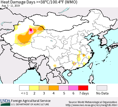 China and Taiwan Heat Damage Days >=38°C/100°F (WMO) Thematic Map For 8/5/2019 - 8/11/2019