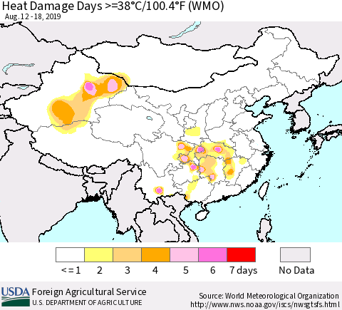 China and Taiwan Heat Damage Days >=38°C/100.4°F (WMO) Thematic Map For 8/12/2019 - 8/18/2019