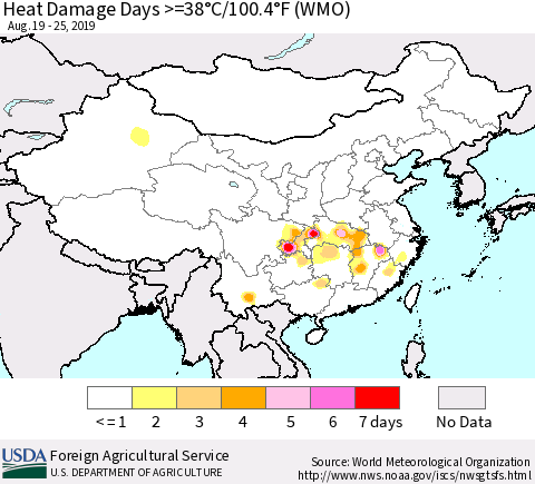 China, Mongolia and Taiwan Heat Damage Days >=38°C/100°F (WMO) Thematic Map For 8/19/2019 - 8/25/2019