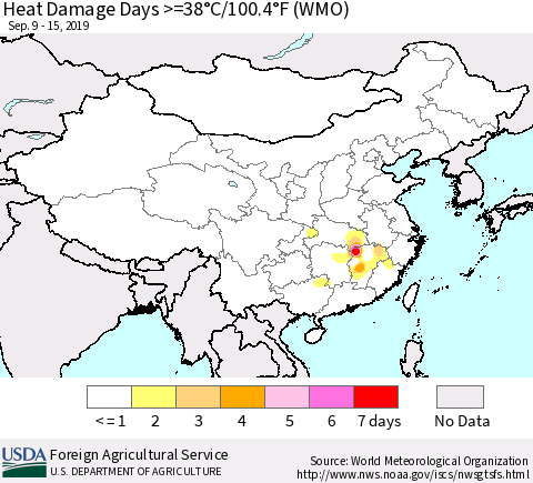 China and Taiwan Heat Damage Days >=38°C/100.4°F (WMO) Thematic Map For 9/9/2019 - 9/15/2019