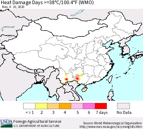 China and Taiwan Heat Damage Days >=38°C/100°F (WMO) Thematic Map For 5/4/2020 - 5/10/2020