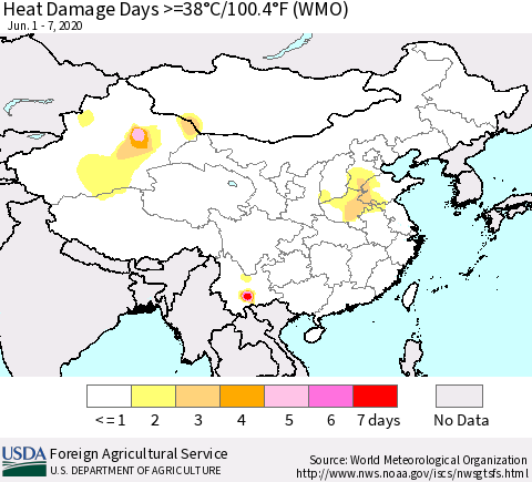 China and Taiwan Heat Damage Days >=38°C/100°F (WMO) Thematic Map For 6/1/2020 - 6/7/2020