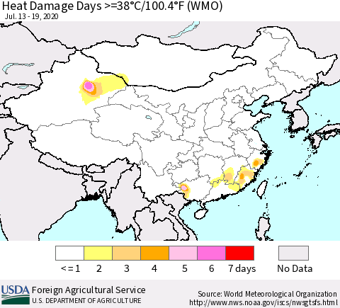 China and Taiwan Heat Damage Days >=38°C/100°F (WMO) Thematic Map For 7/13/2020 - 7/19/2020
