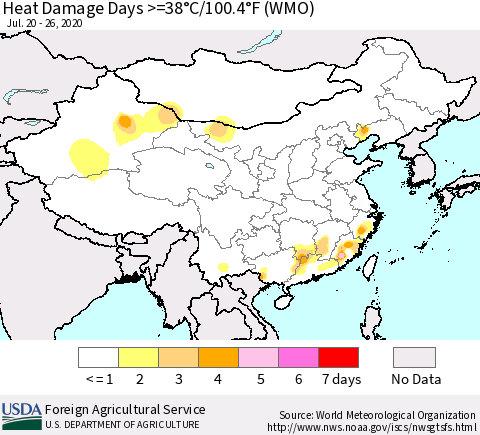 China and Taiwan Heat Damage Days >=38°C/100°F (WMO) Thematic Map For 7/20/2020 - 7/26/2020
