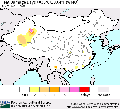 China, Mongolia and Taiwan Heat Damage Days >=38°C/100°F (WMO) Thematic Map For 7/27/2020 - 8/2/2020