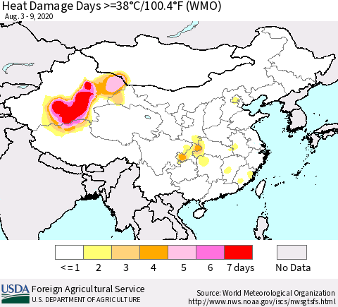 China and Taiwan Heat Damage Days >=38°C/100°F (WMO) Thematic Map For 8/3/2020 - 8/9/2020