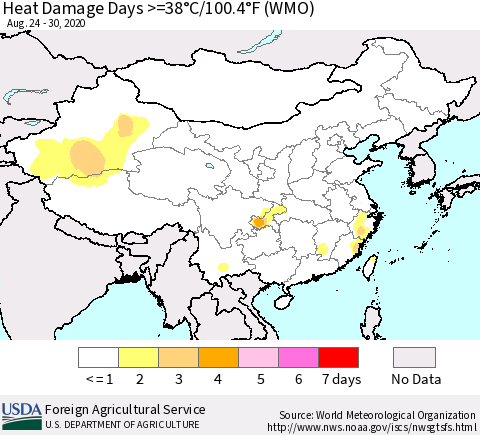 China and Taiwan Heat Damage Days >=38°C/100°F (WMO) Thematic Map For 8/24/2020 - 8/30/2020