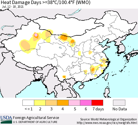 China, Mongolia and Taiwan Heat Damage Days >=38°C/100°F (WMO) Thematic Map For 7/12/2021 - 7/18/2021