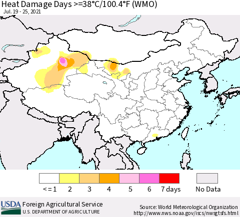 China, Mongolia and Taiwan Heat Damage Days >=38°C/100°F (WMO) Thematic Map For 7/19/2021 - 7/25/2021