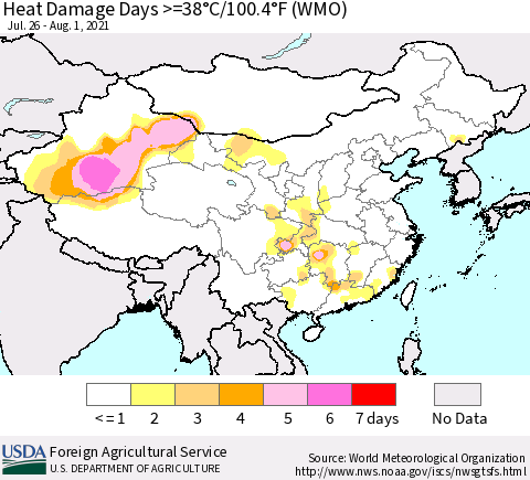 China, Mongolia and Taiwan Heat Damage Days >=38°C/100°F (WMO) Thematic Map For 7/26/2021 - 8/1/2021