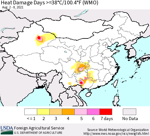 China, Mongolia and Taiwan Heat Damage Days >=38°C/100°F (WMO) Thematic Map For 8/2/2021 - 8/8/2021