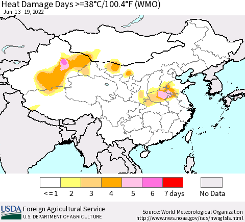 China, Mongolia and Taiwan Heat Damage Days >=38°C/100°F (WMO) Thematic Map For 6/13/2022 - 6/19/2022