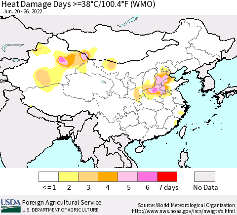 China, Mongolia and Taiwan Heat Damage Days >=38°C/100°F (WMO) Thematic Map For 6/20/2022 - 6/26/2022