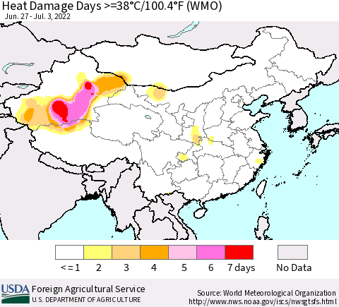 China, Mongolia and Taiwan Heat Damage Days >=38°C/100°F (WMO) Thematic Map For 6/27/2022 - 7/3/2022