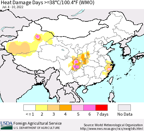 China, Mongolia and Taiwan Heat Damage Days >=38°C/100°F (WMO) Thematic Map For 7/4/2022 - 7/10/2022