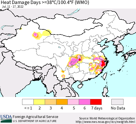 China, Mongolia and Taiwan Heat Damage Days >=38°C/100°F (WMO) Thematic Map For 7/11/2022 - 7/17/2022