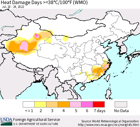 China, Mongolia and Taiwan Heat Damage Days >=38°C/100°F (WMO) Thematic Map For 7/18/2022 - 7/24/2022