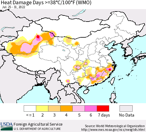 China, Mongolia and Taiwan Heat Damage Days >=38°C/100°F (WMO) Thematic Map For 7/25/2022 - 7/31/2022