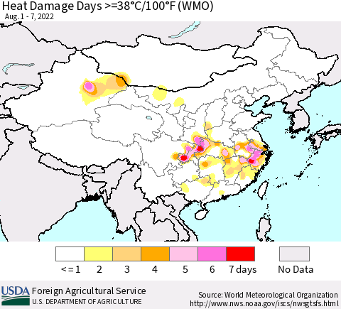 China, Mongolia and Taiwan Heat Damage Days >=38°C/100°F (WMO) Thematic Map For 8/1/2022 - 8/7/2022