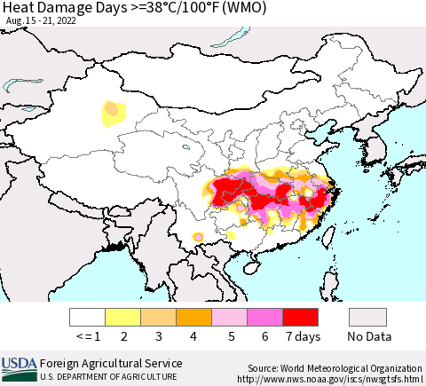 China, Mongolia and Taiwan Heat Damage Days >=38°C/100°F (WMO) Thematic Map For 8/15/2022 - 8/21/2022