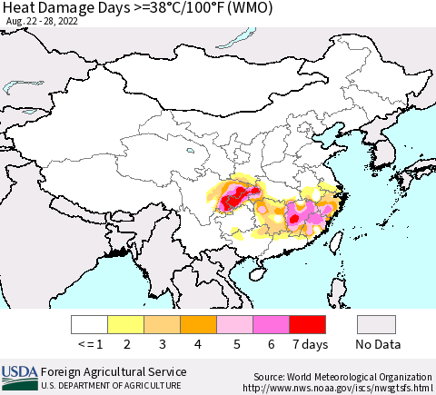 China, Mongolia and Taiwan Heat Damage Days >=38°C/100°F (WMO) Thematic Map For 8/22/2022 - 8/28/2022