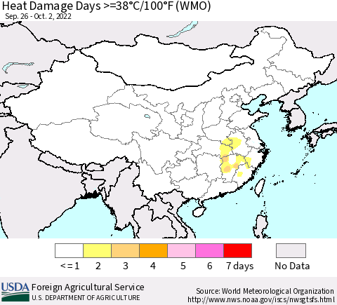 China, Mongolia and Taiwan Heat Damage Days >=38°C/100°F (WMO) Thematic Map For 9/26/2022 - 10/2/2022