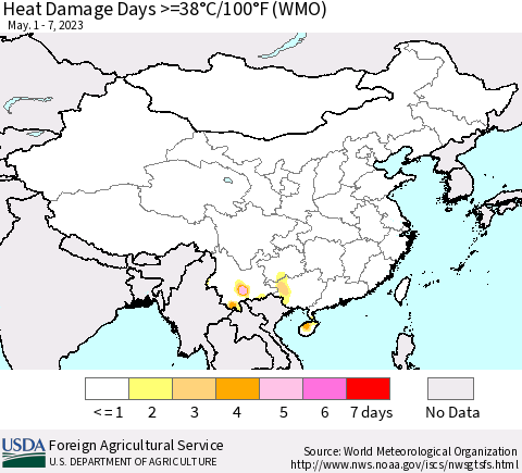 China, Mongolia and Taiwan Heat Damage Days >=38°C/100°F (WMO) Thematic Map For 5/1/2023 - 5/7/2023
