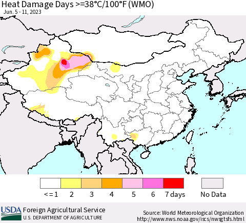 China, Mongolia and Taiwan Heat Damage Days >=38°C/100°F (WMO) Thematic Map For 6/5/2023 - 6/11/2023
