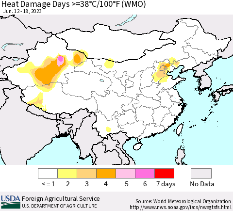 China, Mongolia and Taiwan Heat Damage Days >=38°C/100°F (WMO) Thematic Map For 6/12/2023 - 6/18/2023