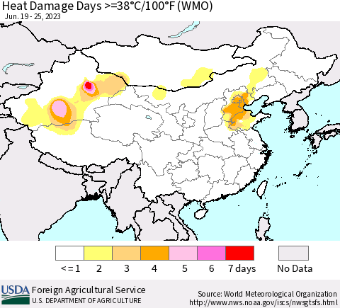 China, Mongolia and Taiwan Heat Damage Days >=38°C/100°F (WMO) Thematic Map For 6/19/2023 - 6/25/2023