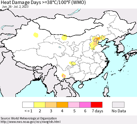 China, Mongolia and Taiwan Heat Damage Days >=38°C/100°F (WMO) Thematic Map For 6/26/2023 - 7/2/2023