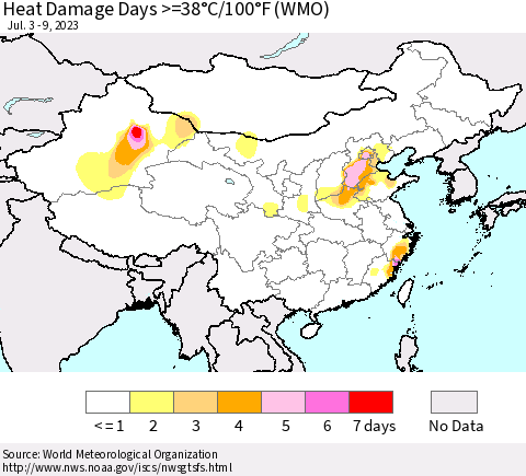 China, Mongolia and Taiwan Heat Damage Days >=38°C/100°F (WMO) Thematic Map For 7/3/2023 - 7/9/2023