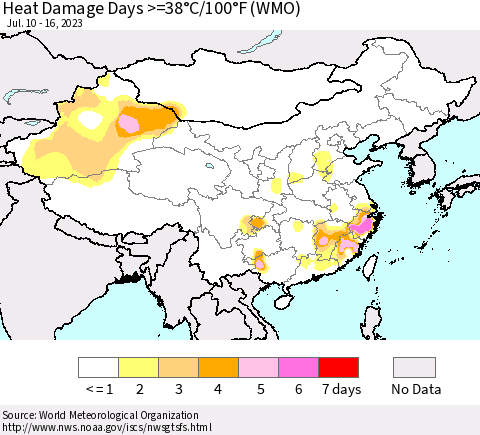 China, Mongolia and Taiwan Heat Damage Days >=38°C/100°F (WMO) Thematic Map For 7/10/2023 - 7/16/2023