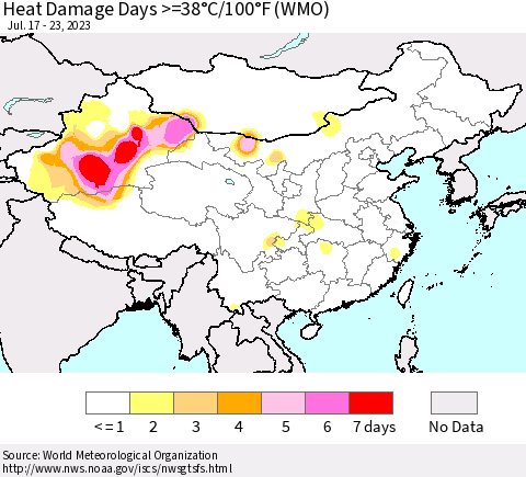 China, Mongolia and Taiwan Heat Damage Days >=38°C/100°F (WMO) Thematic Map For 7/17/2023 - 7/23/2023