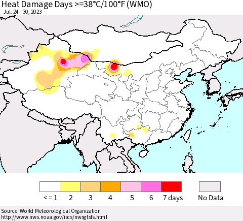 China, Mongolia and Taiwan Heat Damage Days >=38°C/100°F (WMO) Thematic Map For 7/24/2023 - 7/30/2023