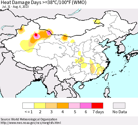 China, Mongolia and Taiwan Heat Damage Days >=38°C/100°F (WMO) Thematic Map For 7/31/2023 - 8/6/2023