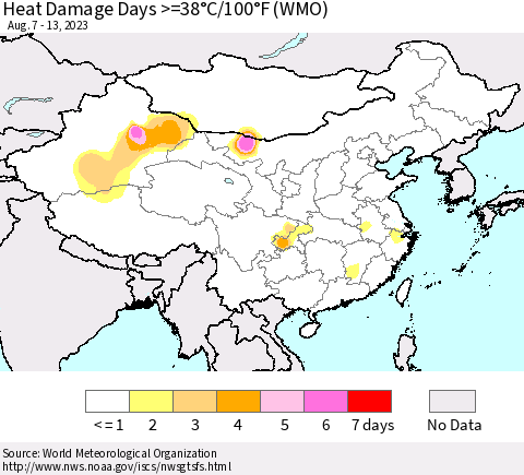 China, Mongolia and Taiwan Heat Damage Days >=38°C/100°F (WMO) Thematic Map For 8/7/2023 - 8/13/2023