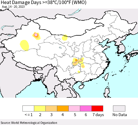 China, Mongolia and Taiwan Heat Damage Days >=38°C/100°F (WMO) Thematic Map For 8/14/2023 - 8/20/2023