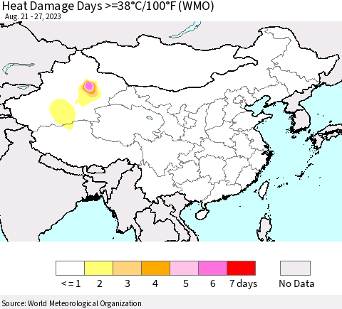 China, Mongolia and Taiwan Heat Damage Days >=38°C/100°F (WMO) Thematic Map For 8/21/2023 - 8/27/2023