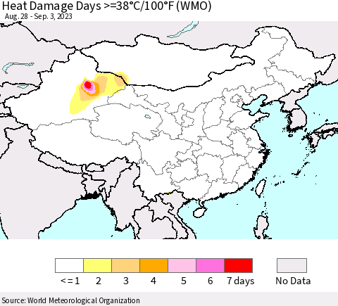 China, Mongolia and Taiwan Heat Damage Days >=38°C/100°F (WMO) Thematic Map For 8/28/2023 - 9/3/2023
