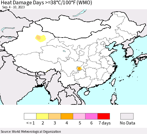 China, Mongolia and Taiwan Heat Damage Days >=38°C/100°F (WMO) Thematic Map For 9/4/2023 - 9/10/2023