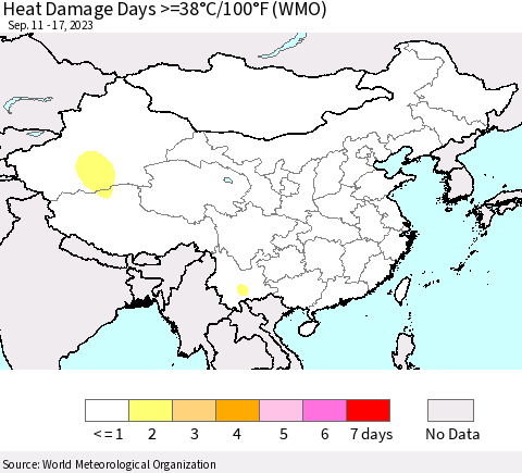 China, Mongolia and Taiwan Heat Damage Days >=38°C/100°F (WMO) Thematic Map For 9/11/2023 - 9/17/2023