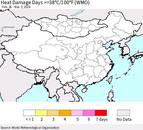 China, Mongolia and Taiwan Heat Damage Days >=38°C/100°F (WMO) Thematic Map For 2/26/2024 - 3/3/2024